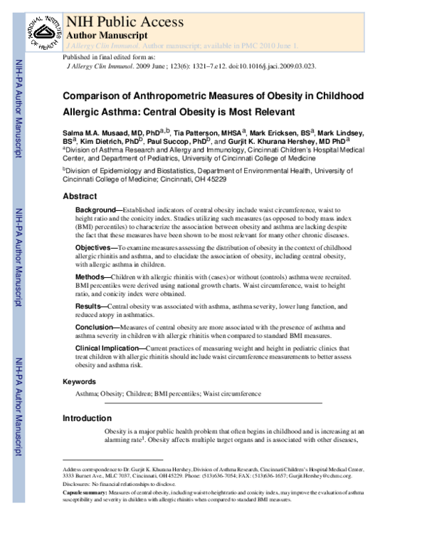 (PDF) Comparison of anthropometric measures of obesity in childhood ...