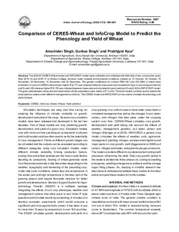 (PDF) Comparison of CERES-Wheat and InfoCrop Model to Predict the ...