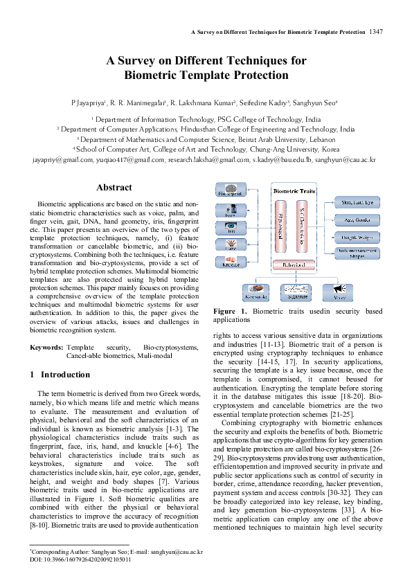 (PDF) A Survey on Different Techniques for Biometric Template Protection