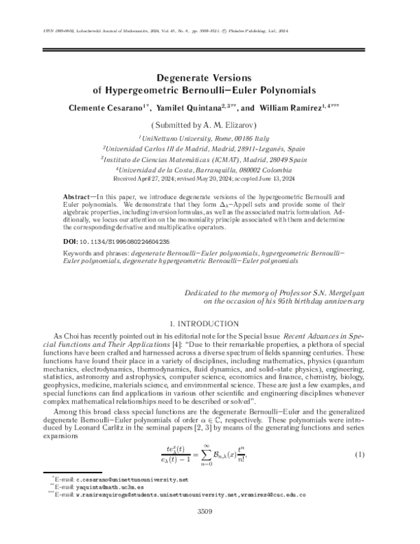 (PDF) Degenerate Versions of Hypergeometric Bernoulli-Euler Polynomials