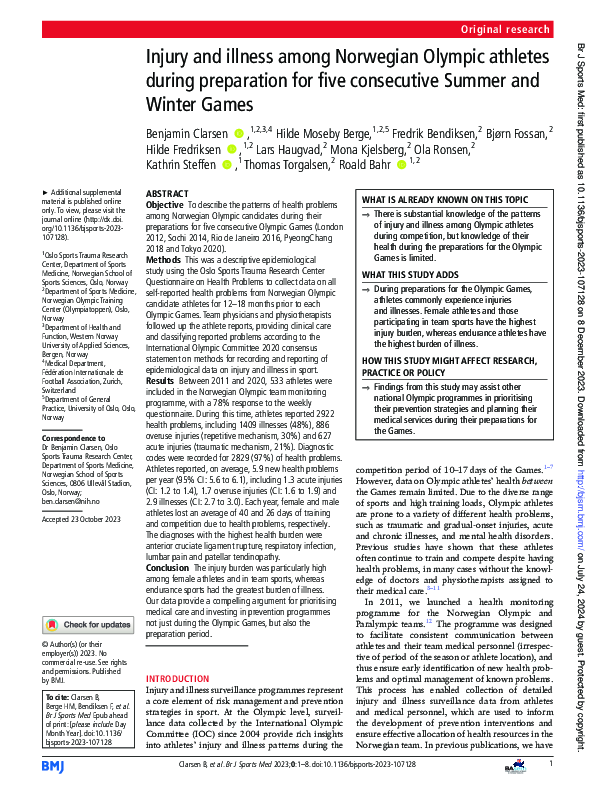 (PDF) Injury and illness among Norwegian Olympic athletes during ...