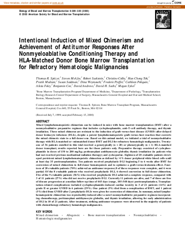 (PDF) Intentional induction of mixed chimerism and achievement of ...