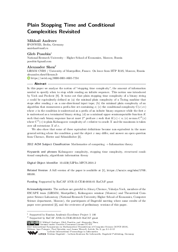 (PDF) Plain stopping time and conditional complexities revisited