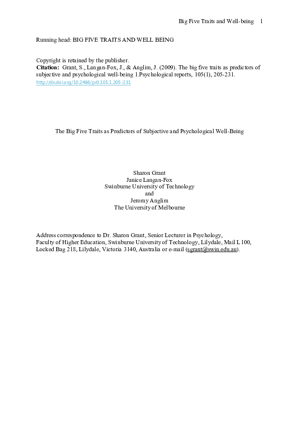 (PDF) The Big Five Traits as Predictors of Subjective and Psychological ...