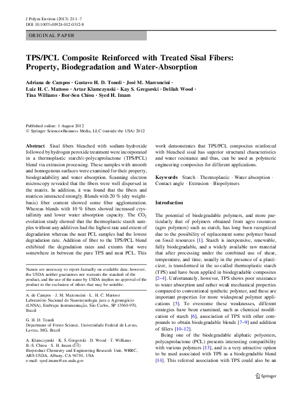 (PDF) TPS/PCL Composite Reinforced with Treated Sisal Fibers: Property ...