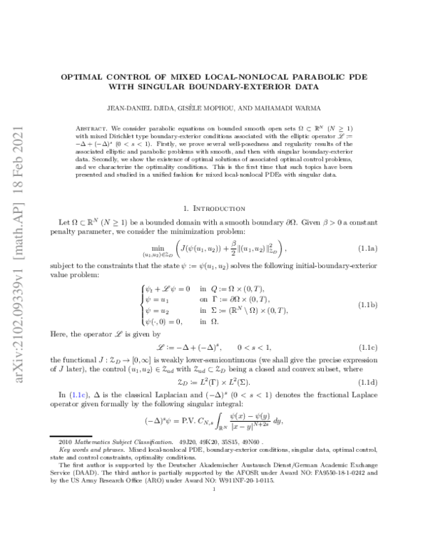 (PDF) Optimal control of mixed local-nonlocal parabolic PDE with ...