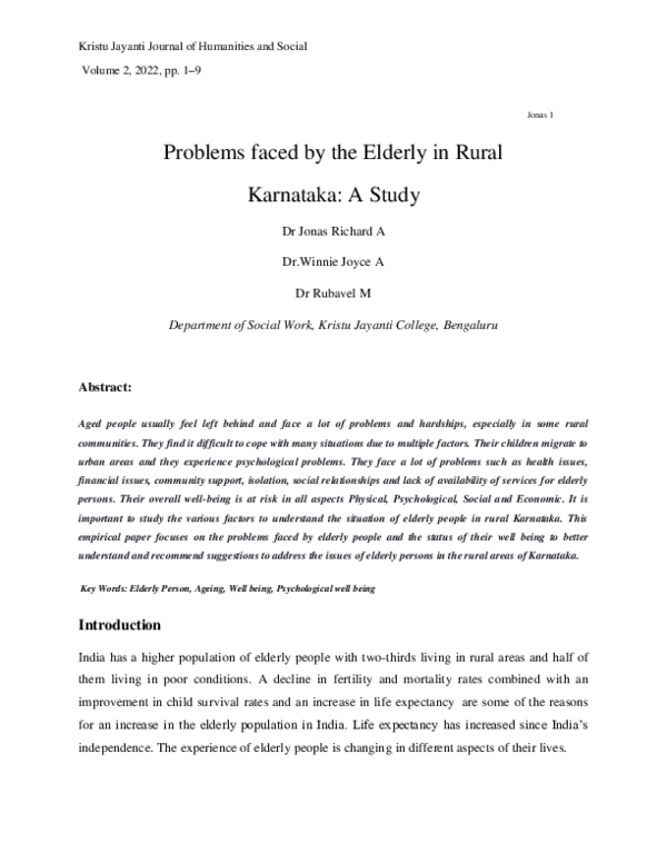 (PDF) Problems faced by the Elderly in Rural Karnataka: A Study