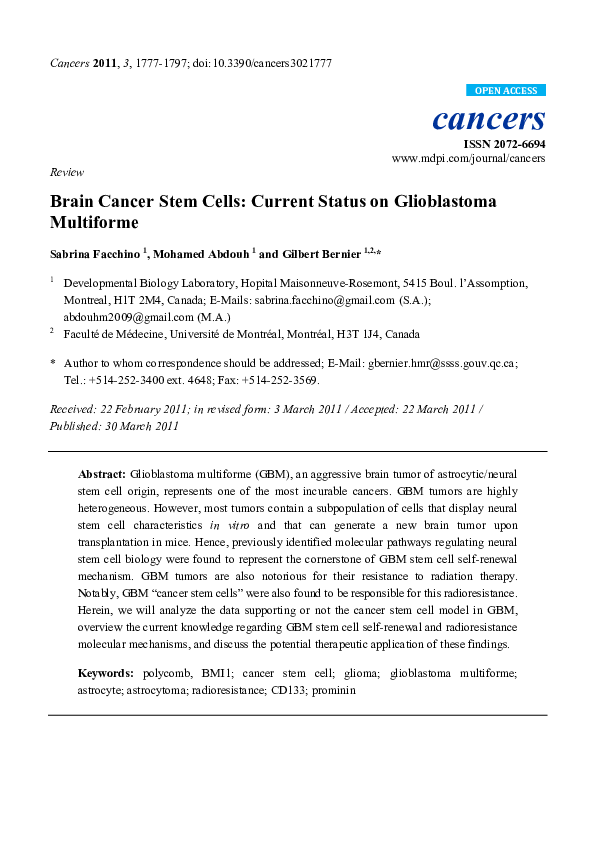 (PDF) Brain Cancer Stem Cells: Current Status on Glioblastoma Multiforme