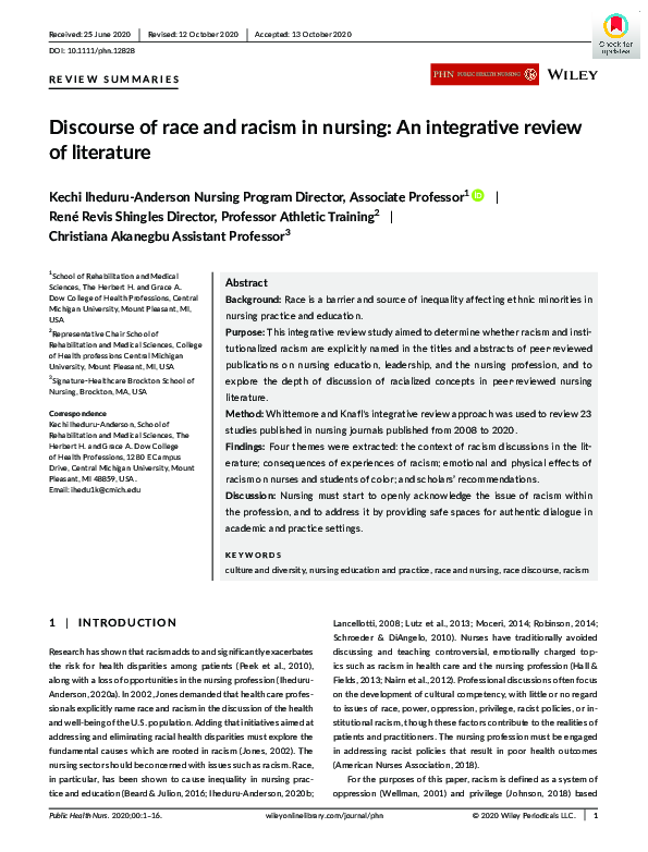 (PDF) Discourse of race and racism in nursing: An integrative review of ...