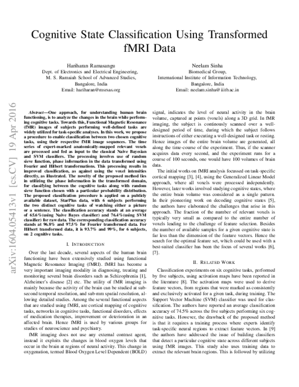 (PDF) Cognitive state classification using transformed fMRI data