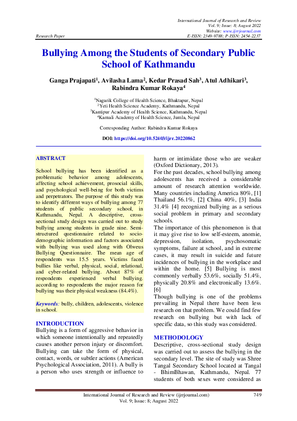 (PDF) Bullying Among the Students of Secondary Public School of Kathmandu