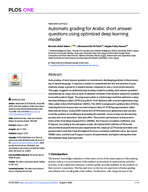 (PDF) Automatic grading for Arabic short answer questions using ...