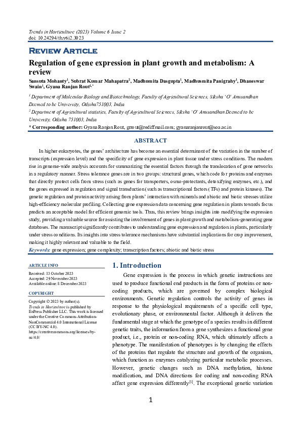 (PDF) Regulation of gene expression in plant growth and metabolism: A ...