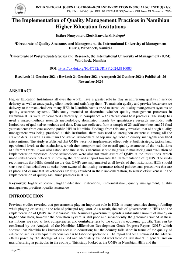 (PDF) The Implementation of Quality Management Practices in Namibian ...