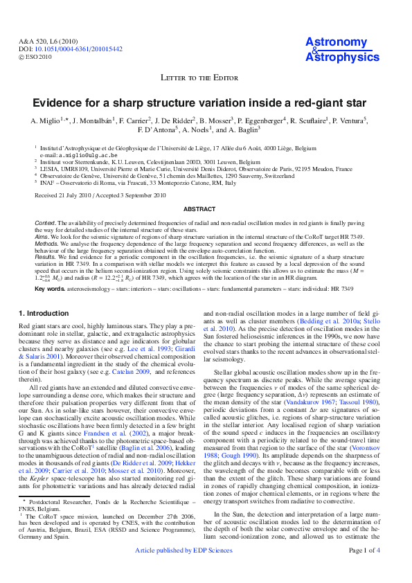(PDF) Evidence for a sharp structure variation inside a red-giant star