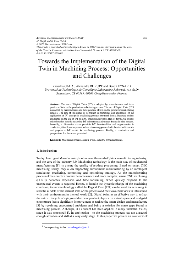 (PDF) Towards the Implementation of the Digital Twin in Machining ...