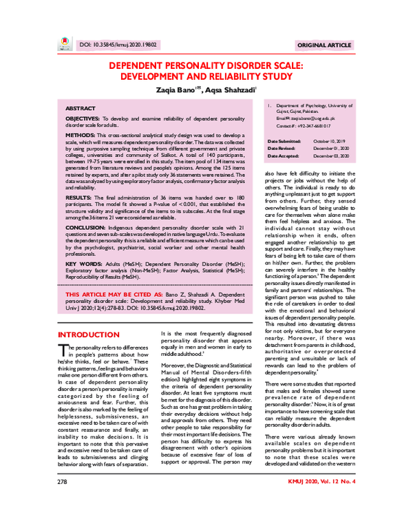 (PDF) Dependent Personality Disorder Scale: Development and Reliability ...