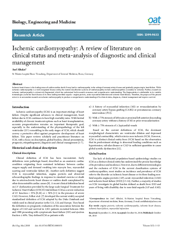 (PDF) Ischemic cardiomyopathy: A review of literature on clinical ...