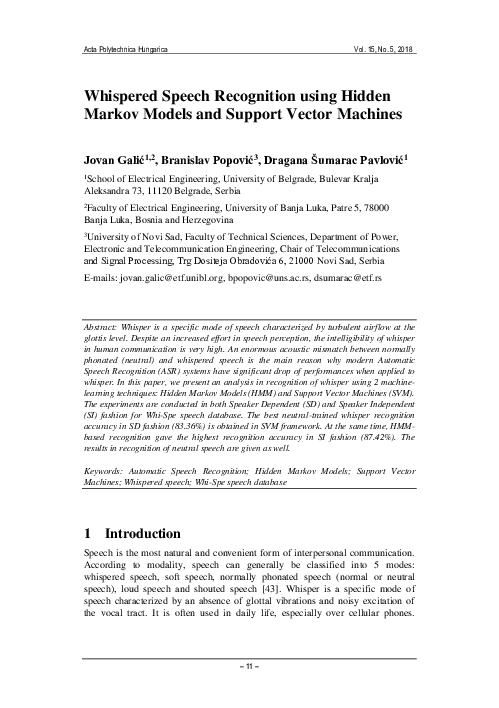 (PDF) Whispered Speech Recognition using Hidden Markov Models and ...