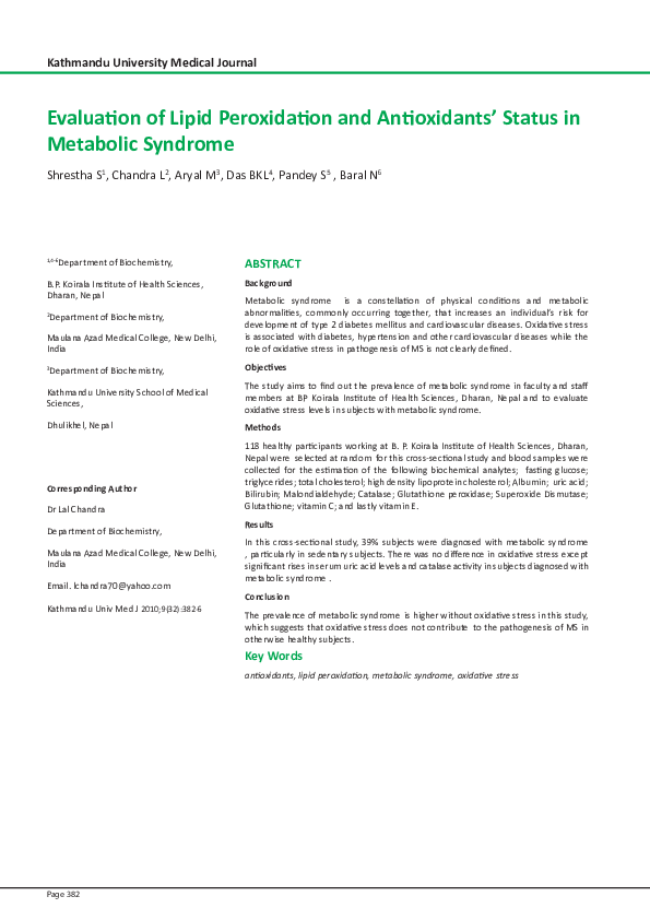 (PDF) Evaluation of Lipid Peroxidation and Antioxidants’ Status in ...