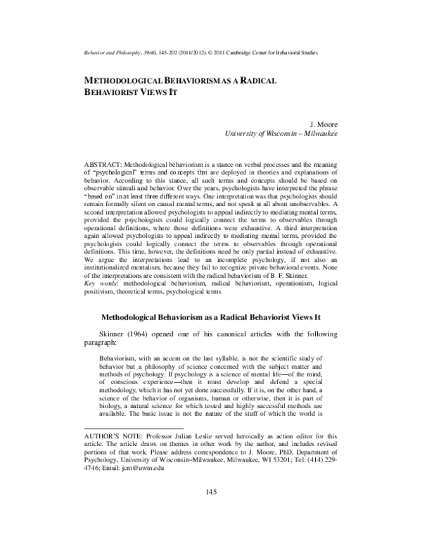 (PDF) Methodological Behaviorism as a Radical Behaviorist Views It