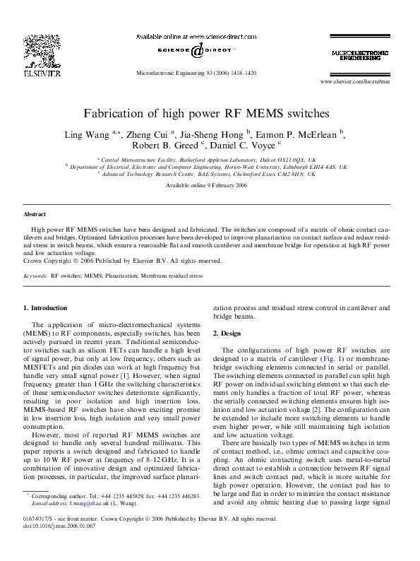 (PDF) Fabrication of high power RF MEMS switches