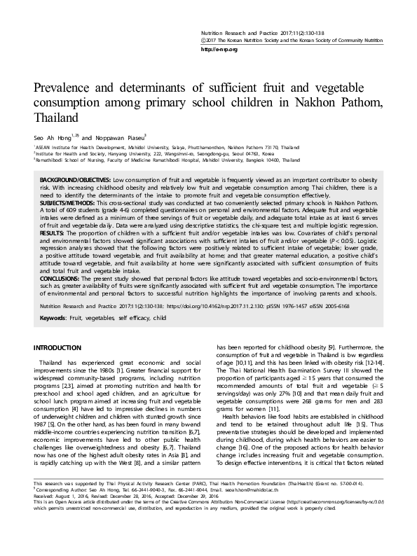 (PDF) Prevalence and determinants of sufficient fruit and vegetable ...