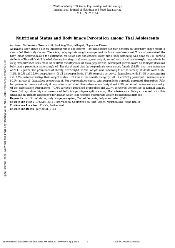 (PDF) Nutritional Status and Body Image Perception among Thai Adolescents