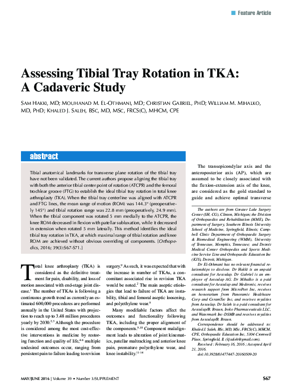 (PDF) Assessing Tibial Tray Rotation in TKA: A Cadaveric Study