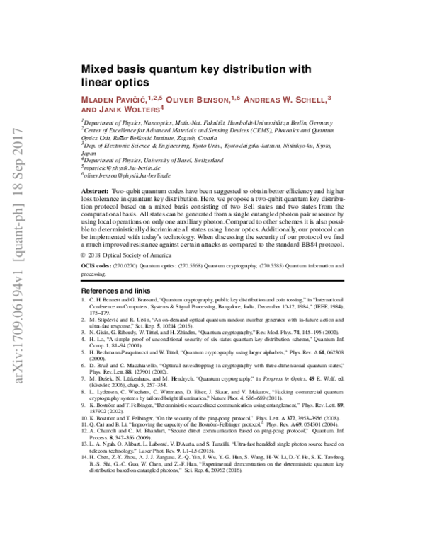 (PDF) Mixed basis quantum key distribution with linear optics
