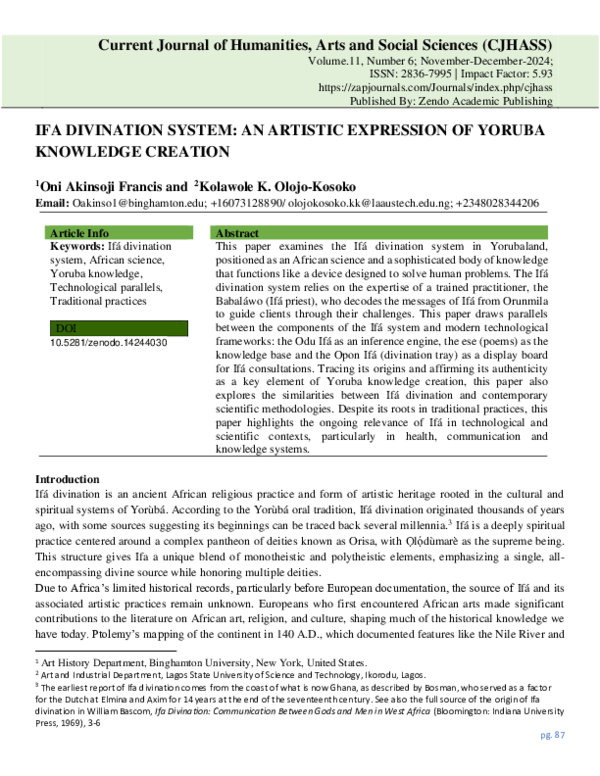 (PDF) IFA DIVINATION SYSTEM: AN ARTISTIC EXPRESSION OF YORUBA KNOWLEDGE ...