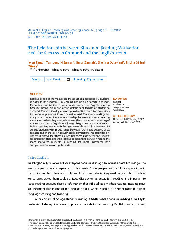 (PDF) The Relationship Between Students’ Reading Motivation and the ...