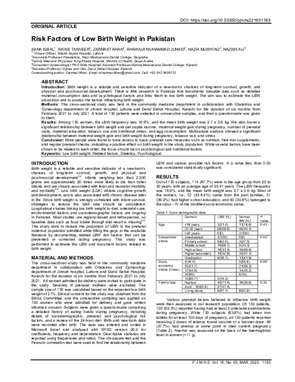 (PDF) Risk Factors of Low Birth Weight in Pakistan