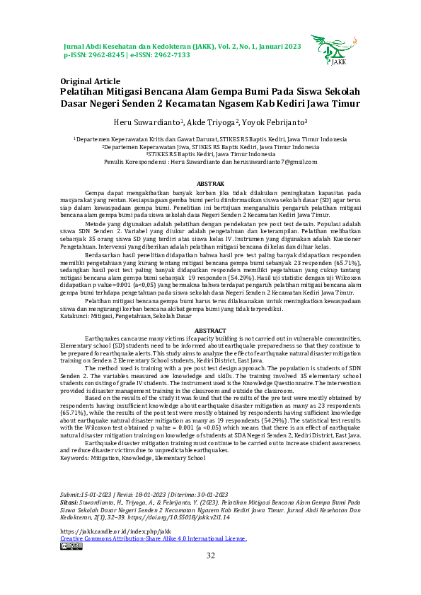 Pdf Pelatihan Mitigasi Bencana Alam Gempa Bumi Pada Siswa Sekolah