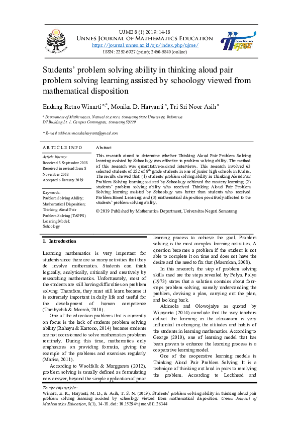 (PDF) Students' problem solving ability in thinking aloud pair problem ...