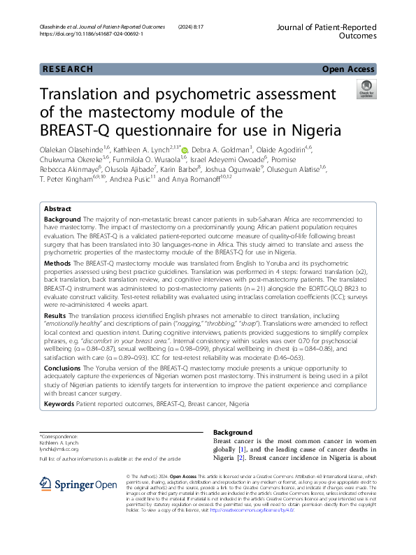 (PDF) Translation and psychometric assessment of the mastectomy module ...