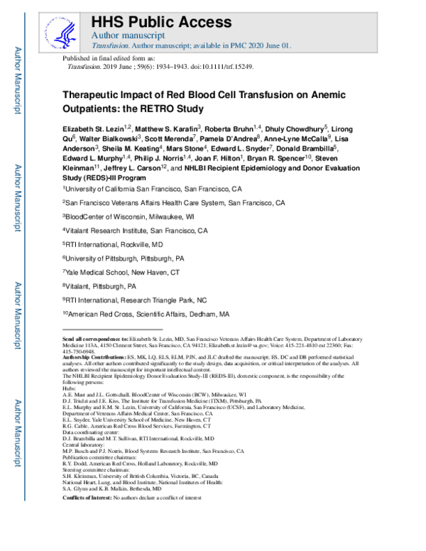 (PDF) Therapeutic impact of red blood cell transfusion on anemic ...