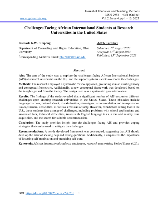 (PDF) Challenges Facing African International Students at Research ...