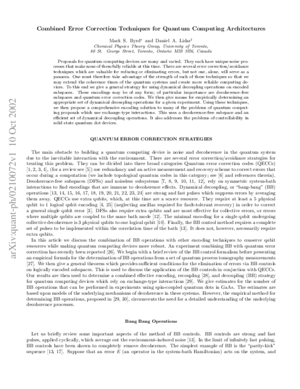 (PDF) Combined error correction techniques for quantum computing ...