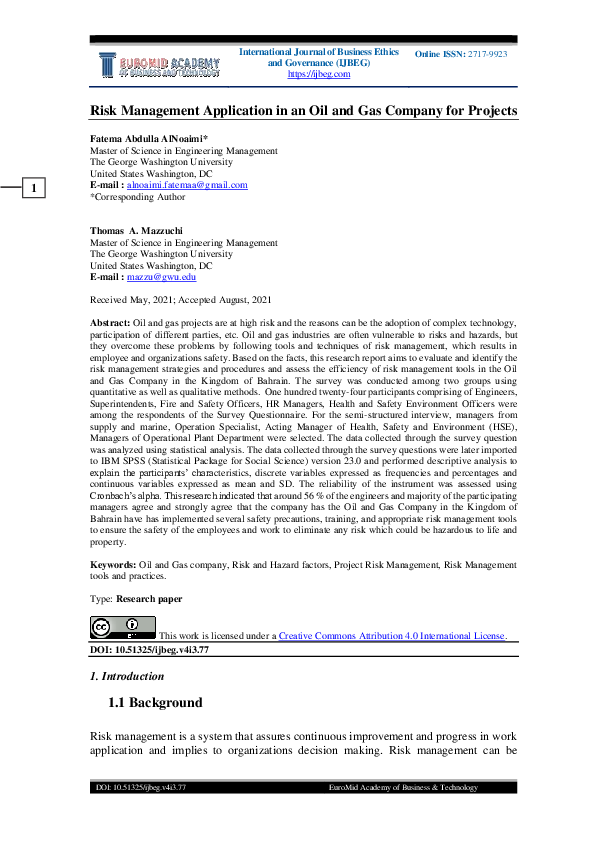 (PDF) Risk Management Application in an Oil and Gas Company for Projects