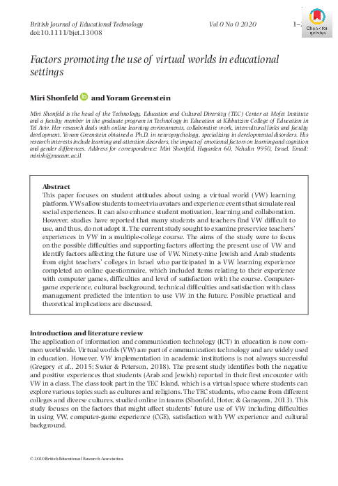 (PDF) Factors promoting the use of virtual worlds in educational settings