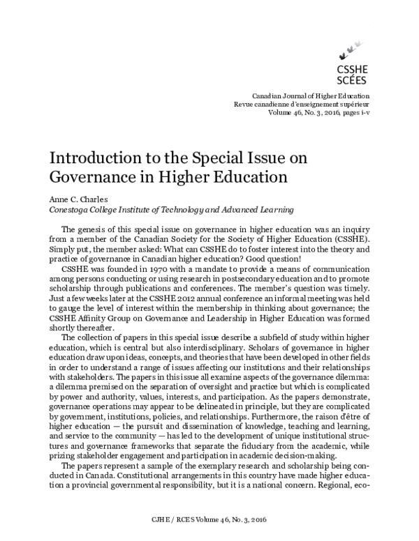 (PDF) Introduction to the Special Issue on Governance in Higher Education