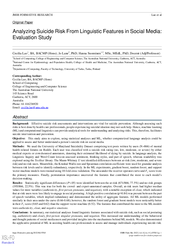 (PDF) Analyzing Suicide Risk From Linguistic Features in Social Media ...
