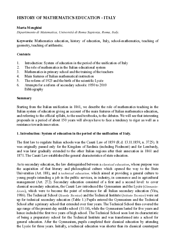 (PDF) History of Mathematics Education - Italy