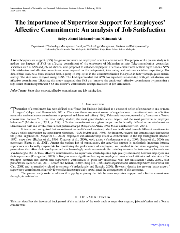 (PDF) The importance of Supervisor Support for Employees ’ Affective ...