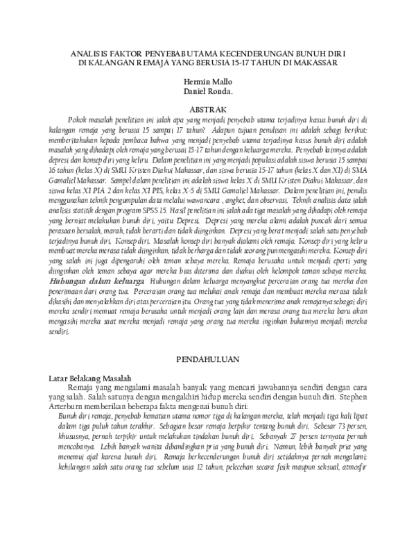 (PDF) Analisis Faktor Penyebab Utama Kecenderungan Bunuh Diri di