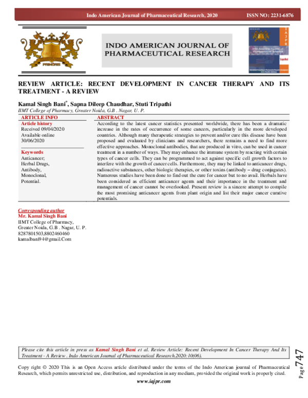 (PDF) Review Article: Recent Development in Cancer Therapy and Its ...