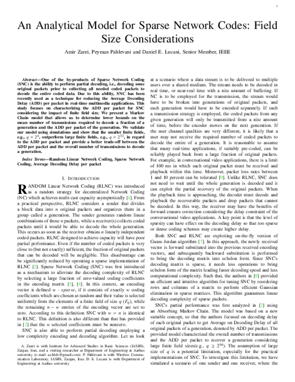 (PDF) An Analytical Model for Sparse Network Codes: Field Size ...