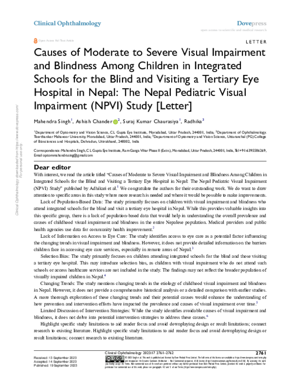 (PDF) Causes of Moderate to Severe Visual Impairment and Blindness ...