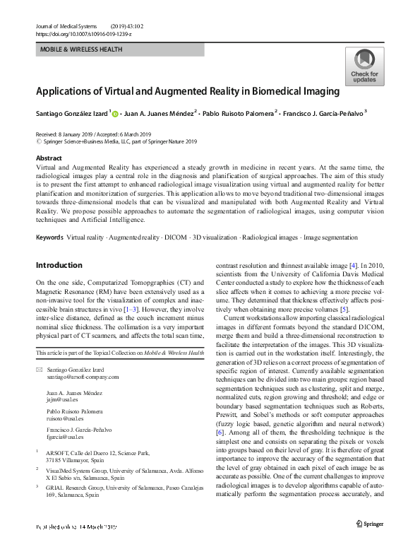 (PDF) Applications of Virtual and Augmented Reality in Biomedical Imaging